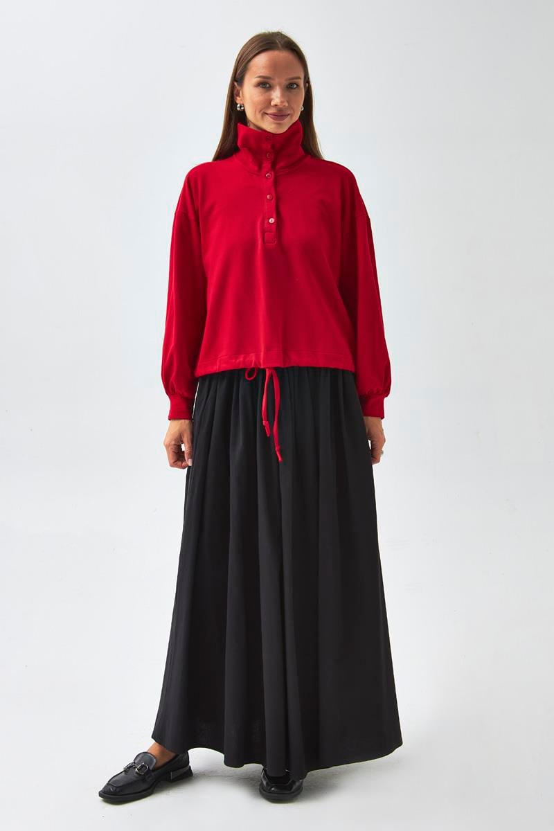 Yarım Düğmeli Sweatshirt Kırmızı