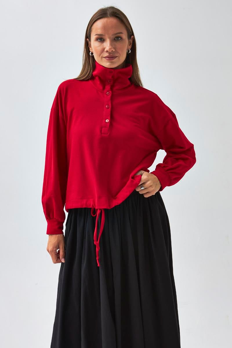 Yarım Düğmeli Sweatshirt Kırmızı