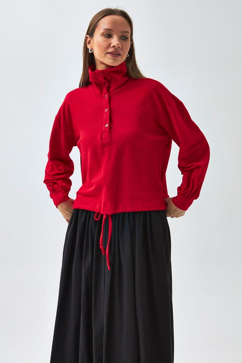Yarım Düğmeli Sweatshirt Kırmızı