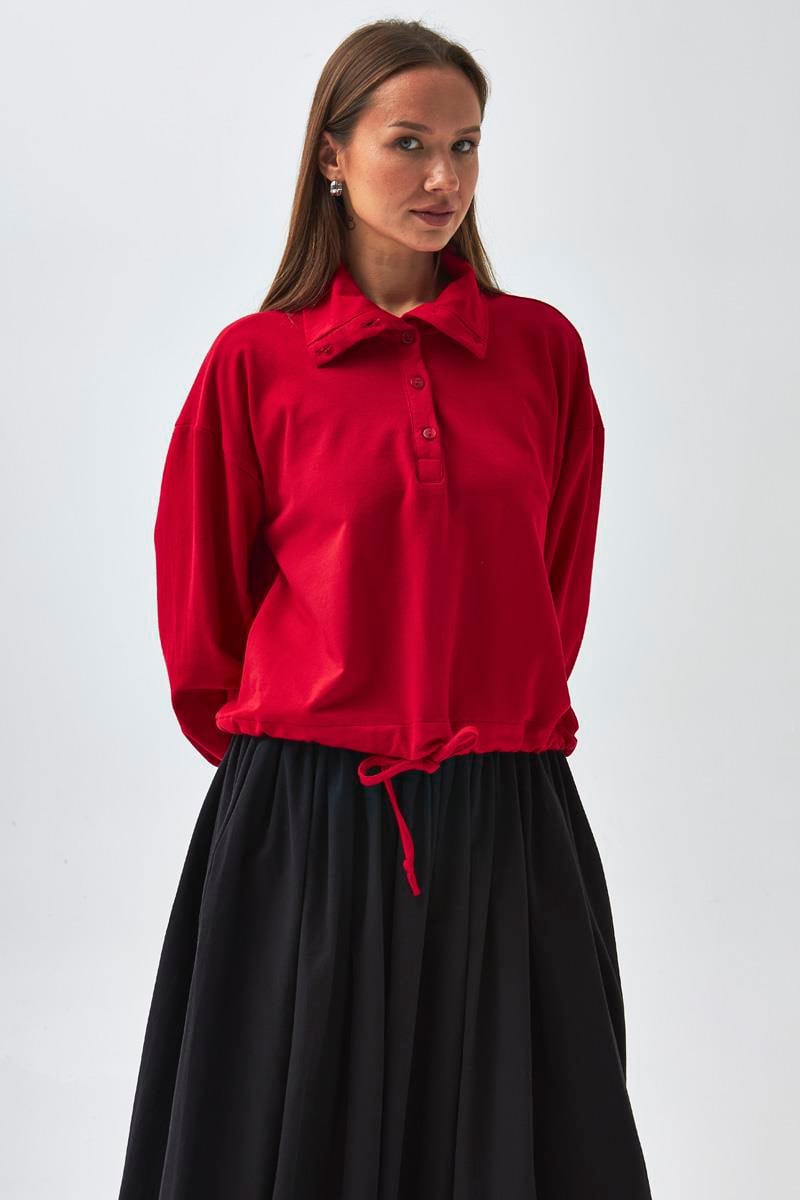 Yarım Düğmeli Sweatshirt Kırmızı