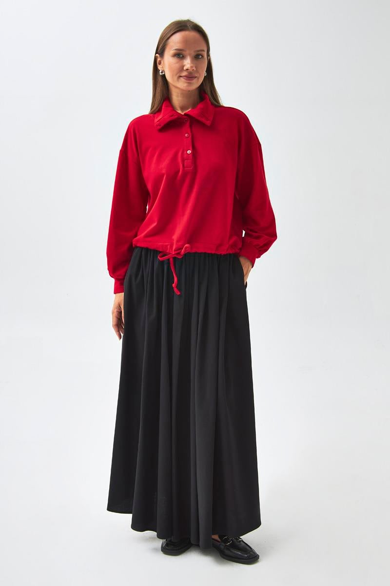 Yarım Düğmeli Sweatshirt Kırmızı