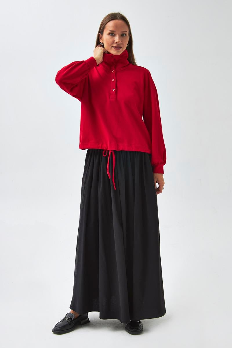 Yarım Düğmeli Sweatshirt Kırmızı