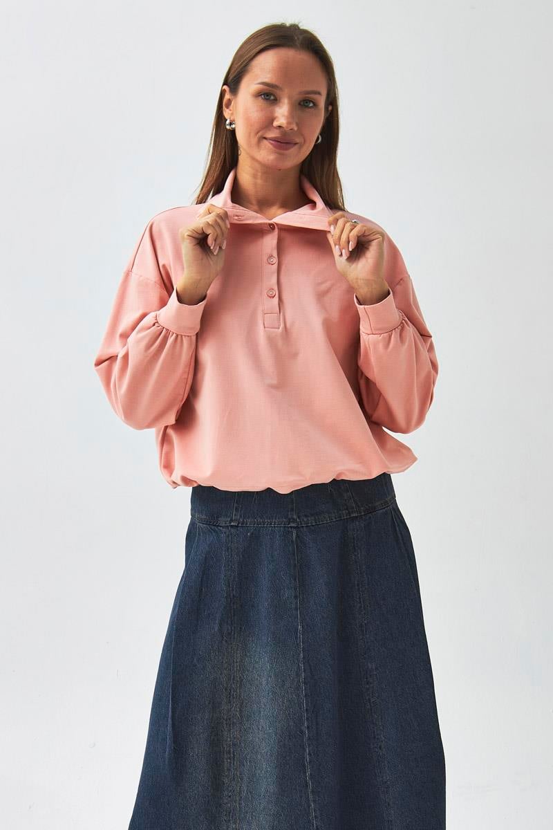 Yarım Düğmeli Sweatshirt Pudra Gül