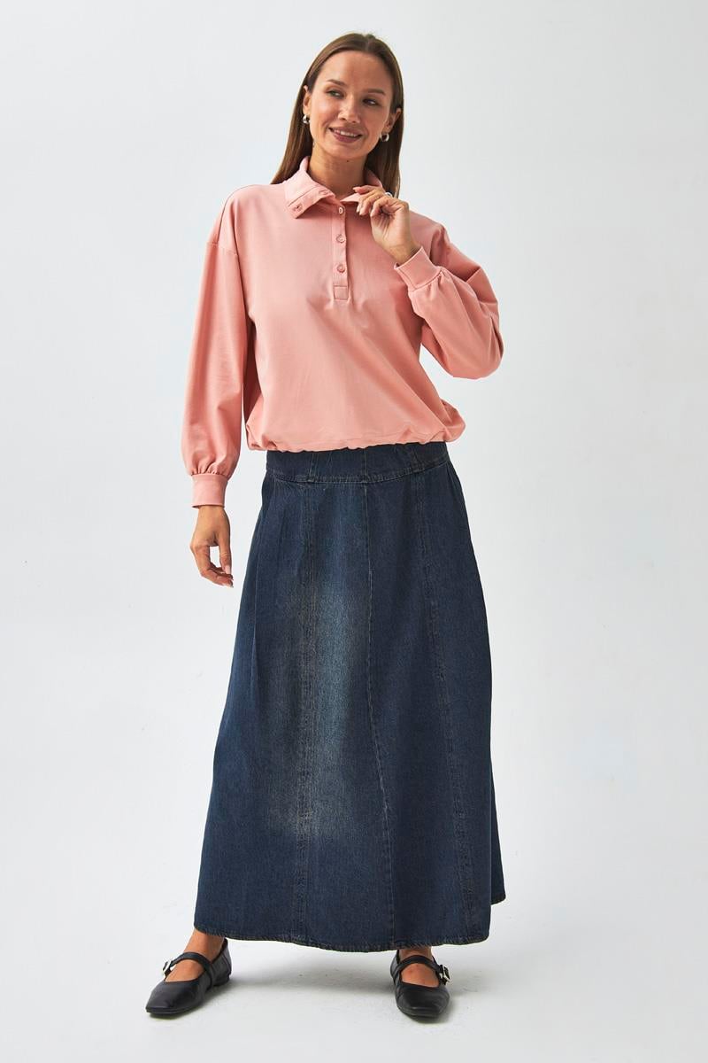 Yarım Düğmeli Sweatshirt Pudra Gül