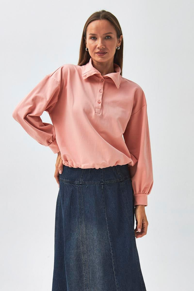 Yarım Düğmeli Sweatshirt Pudra Gül