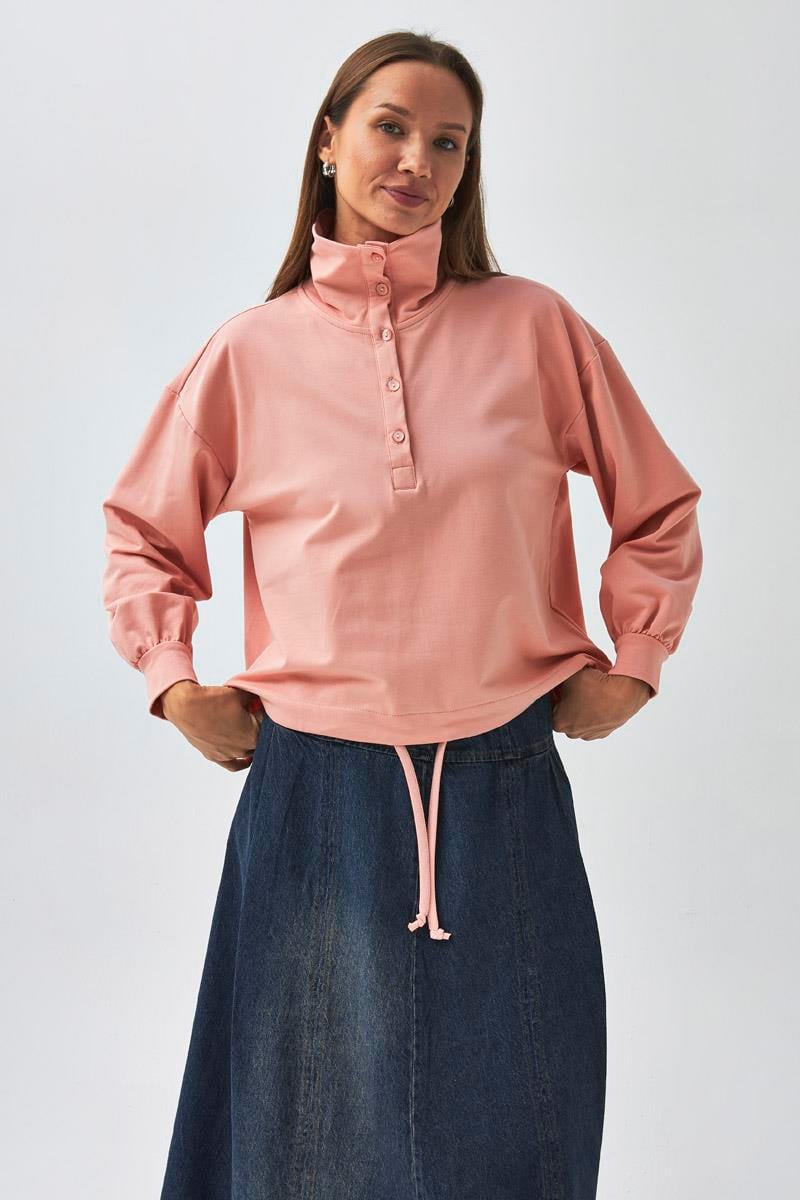 Yarım Düğmeli Sweatshirt Pudra Gül