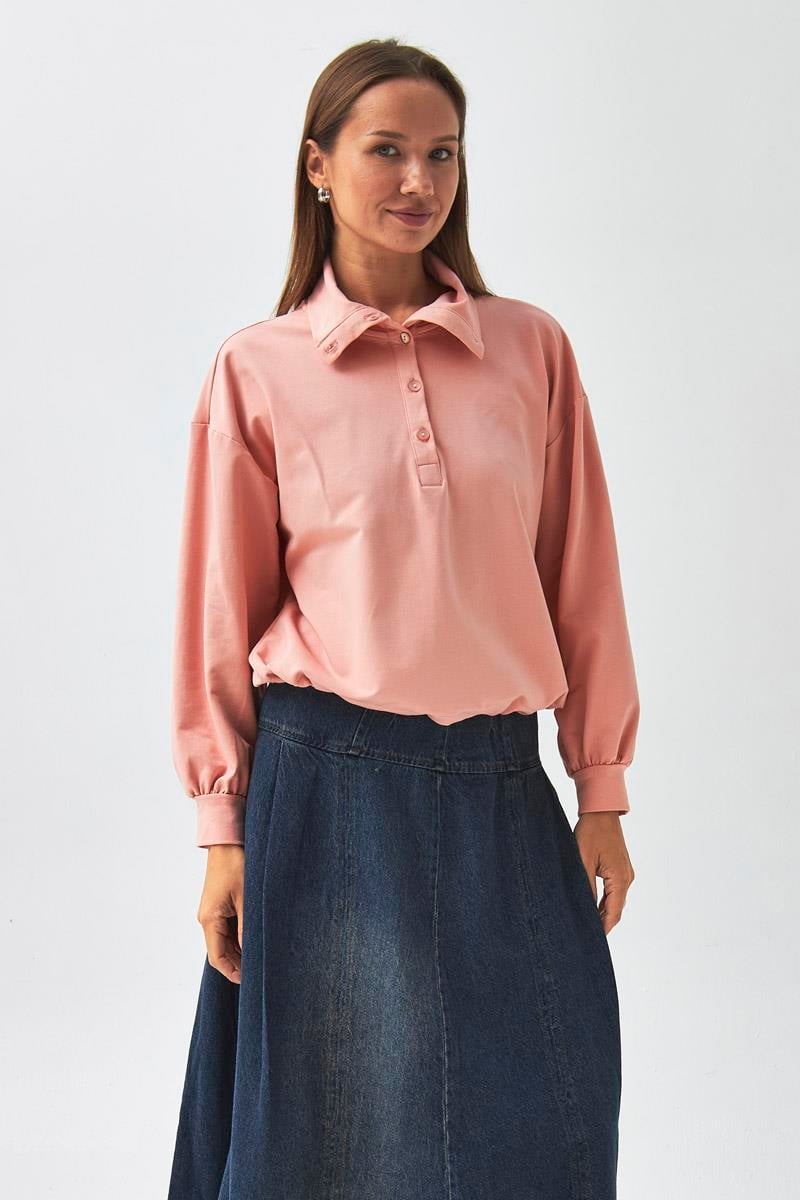 Yarım Düğmeli Sweatshirt Pudra Gül