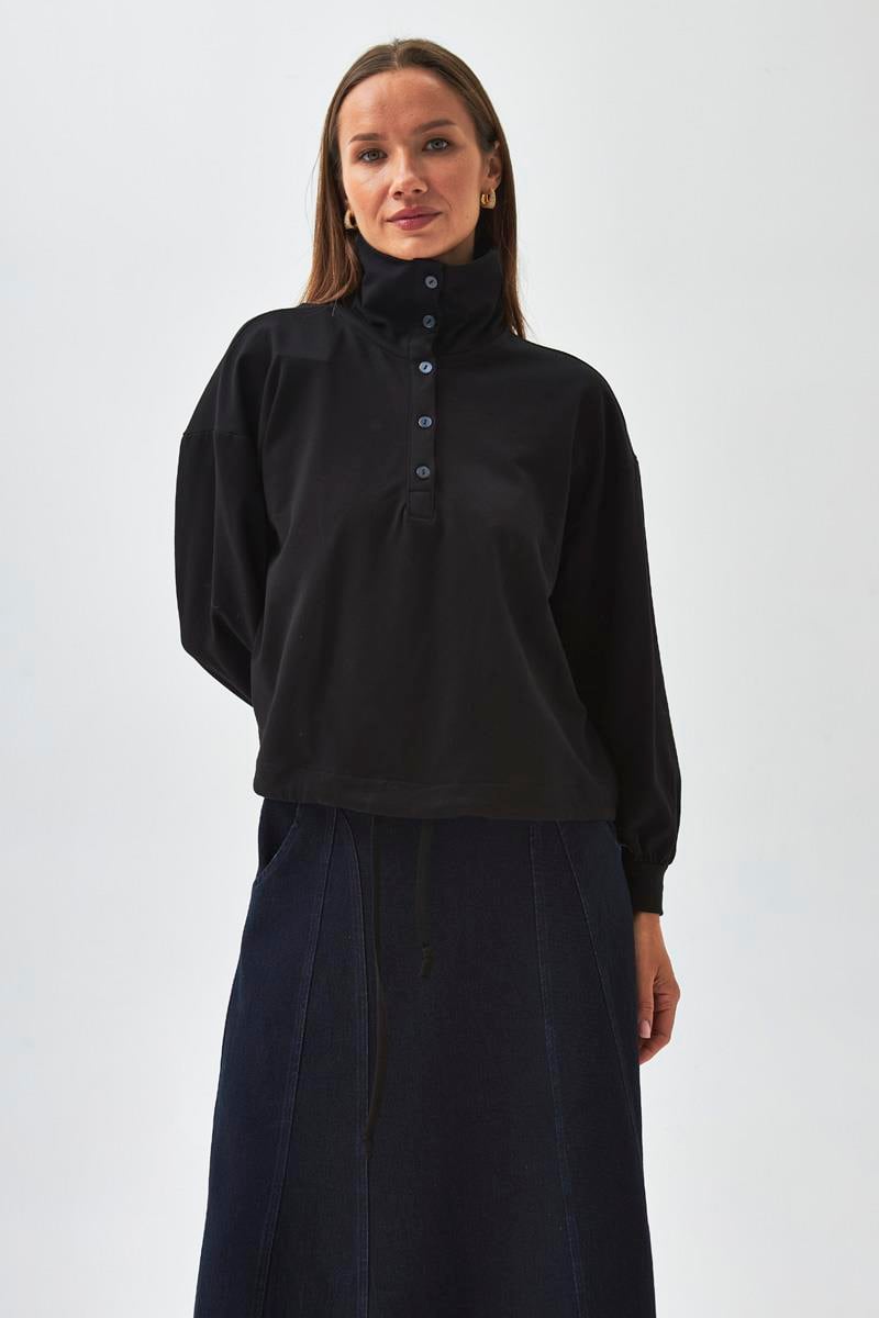 Yarım Düğmeli Sweatshirt Siyah