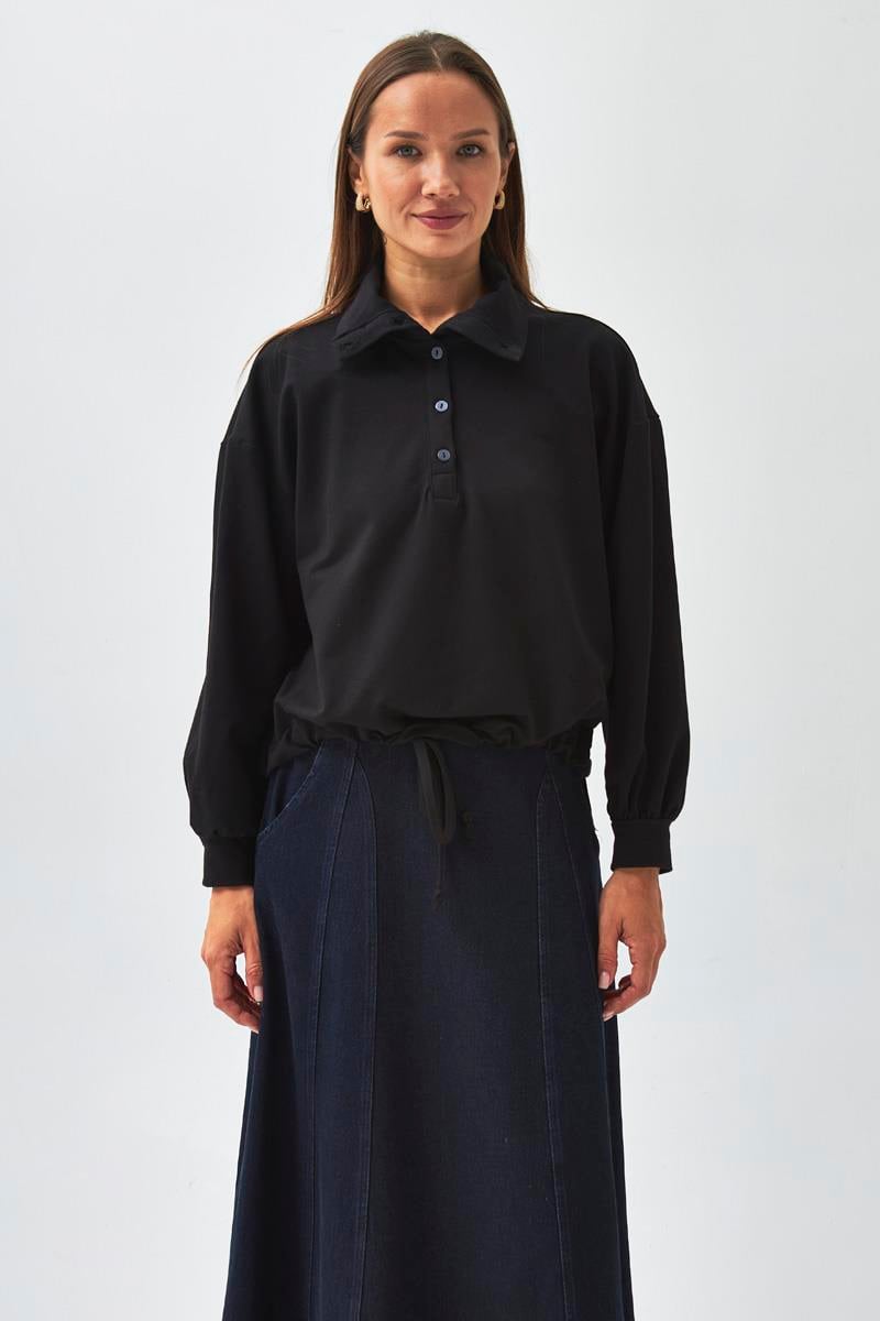 Yarım Düğmeli Sweatshirt Siyah