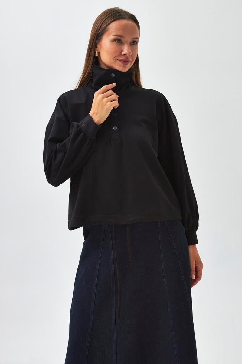 Yarım Düğmeli Sweatshirt Siyah