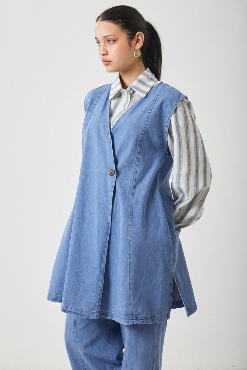 Yelekli Denim Takım Açık Mavi