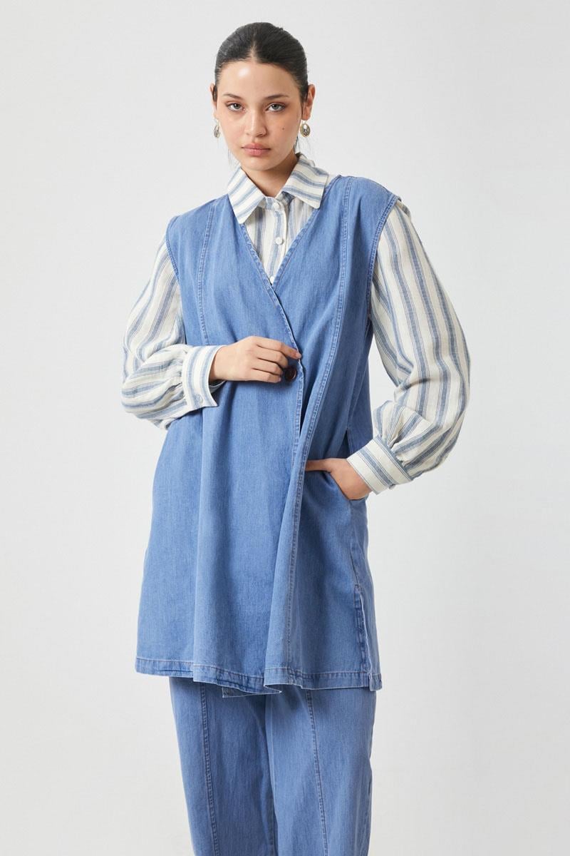 Yelekli Denim Takım Açık Mavi