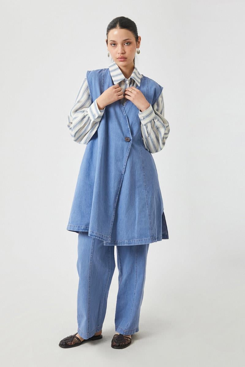 Yelekli Denim Takım Açık Mavi
