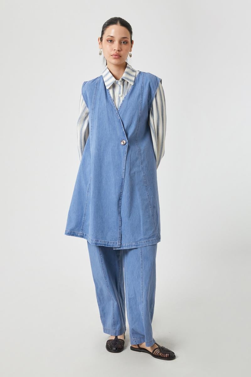 Yelekli Denim Takım Açık Mavi
