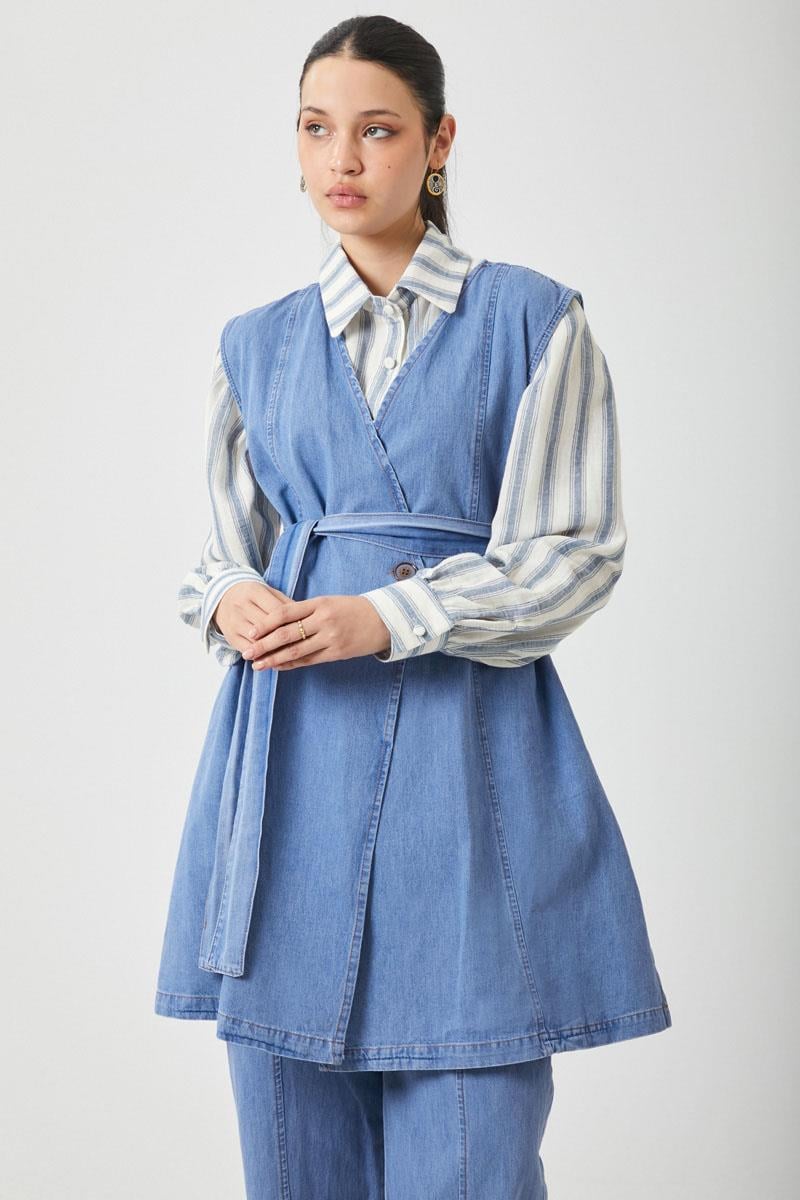 Yelekli Denim Takım Açık Mavi