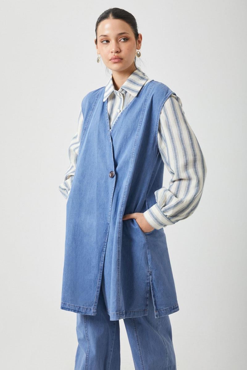 Yelekli Denim Takım Açık Mavi