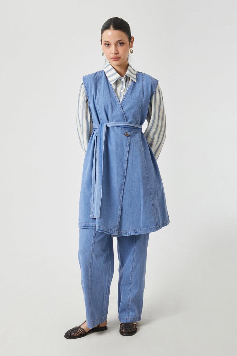 Yelekli Denim Takım Açık Mavi