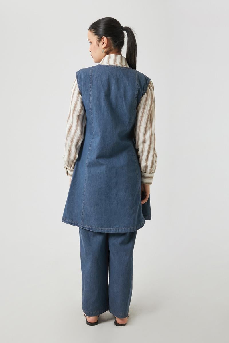 Yelekli Denim Takım Koyu Mavi