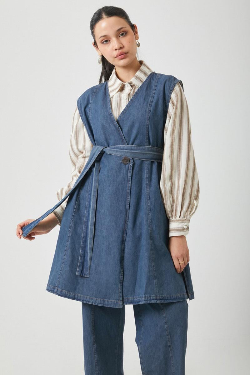 Yelekli Denim Takım Koyu Mavi