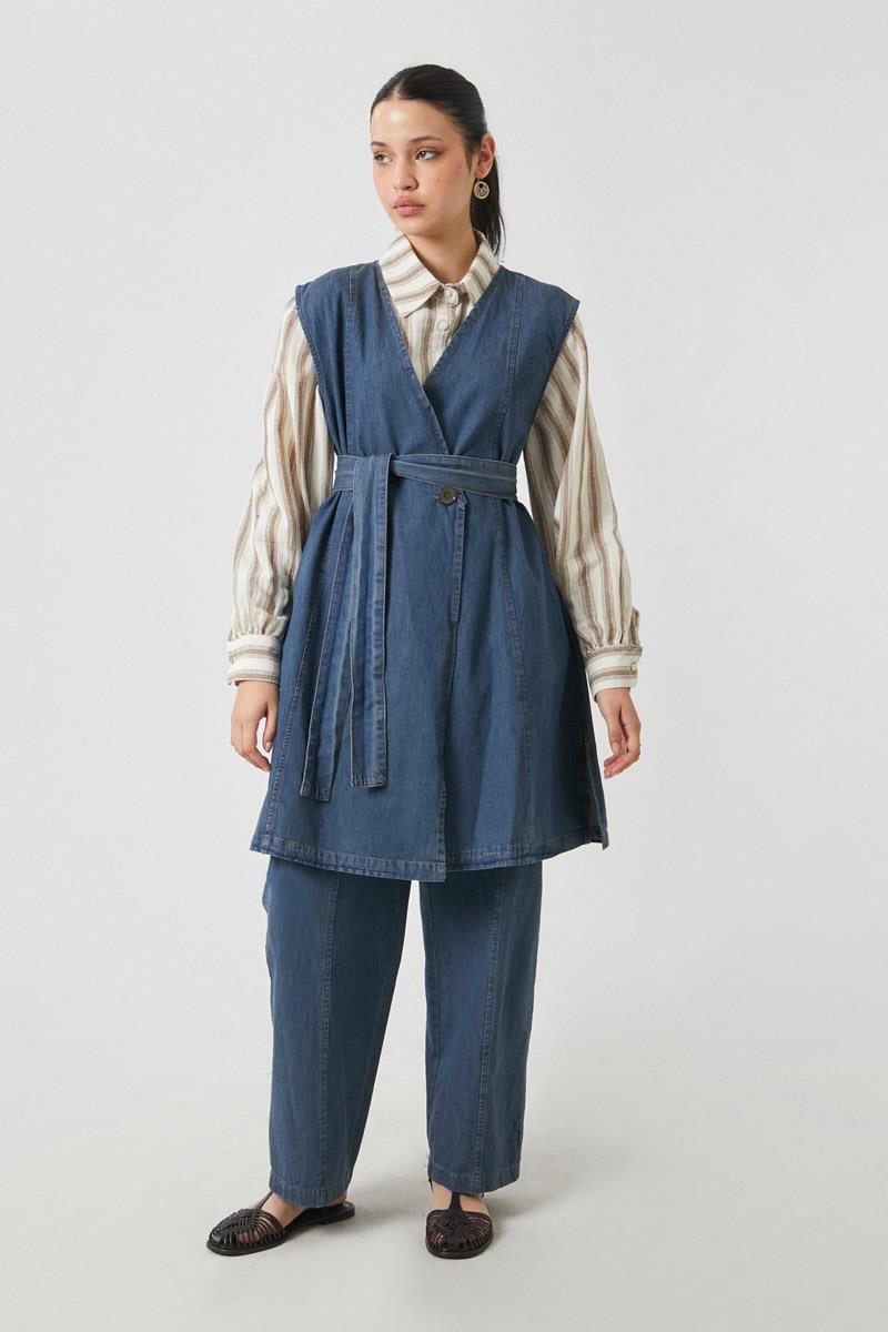 Yelekli Denim Takım Koyu Mavi