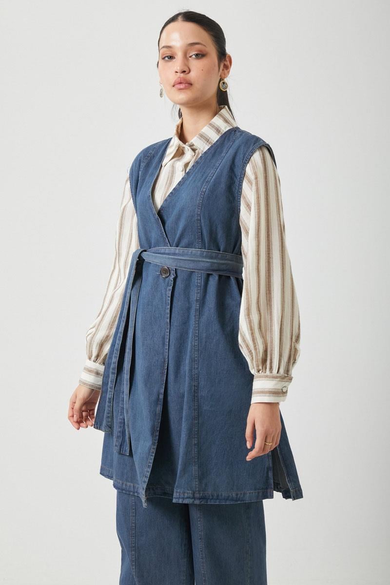 Yelekli Denim Takım Koyu Mavi