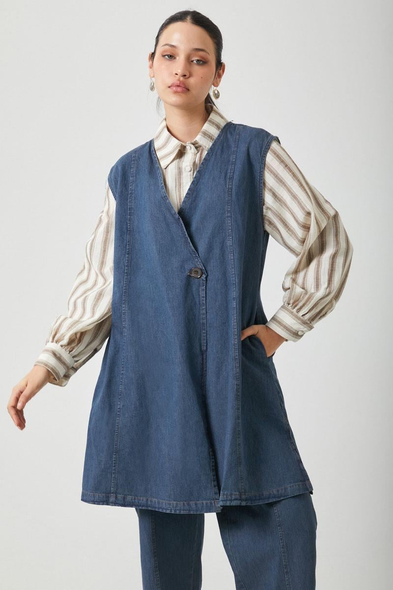 Yelekli Denim Takım Koyu Mavi