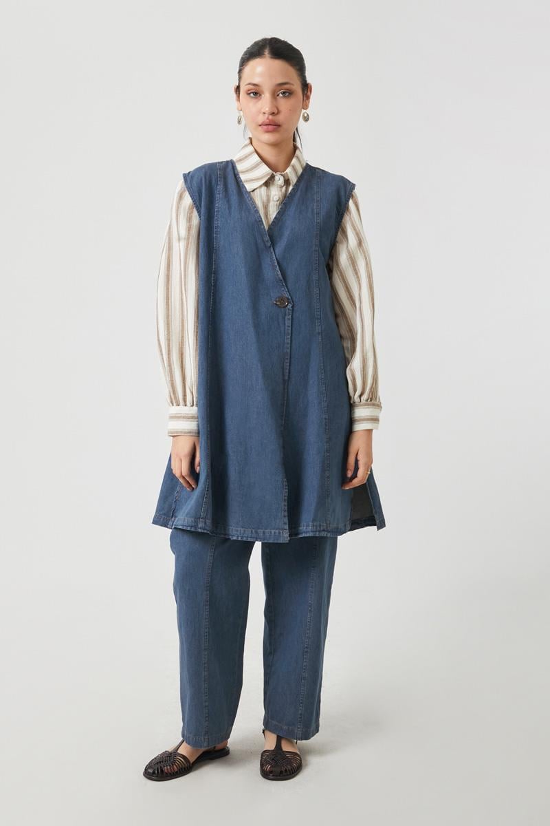 Yelekli Denim Takım Koyu Mavi