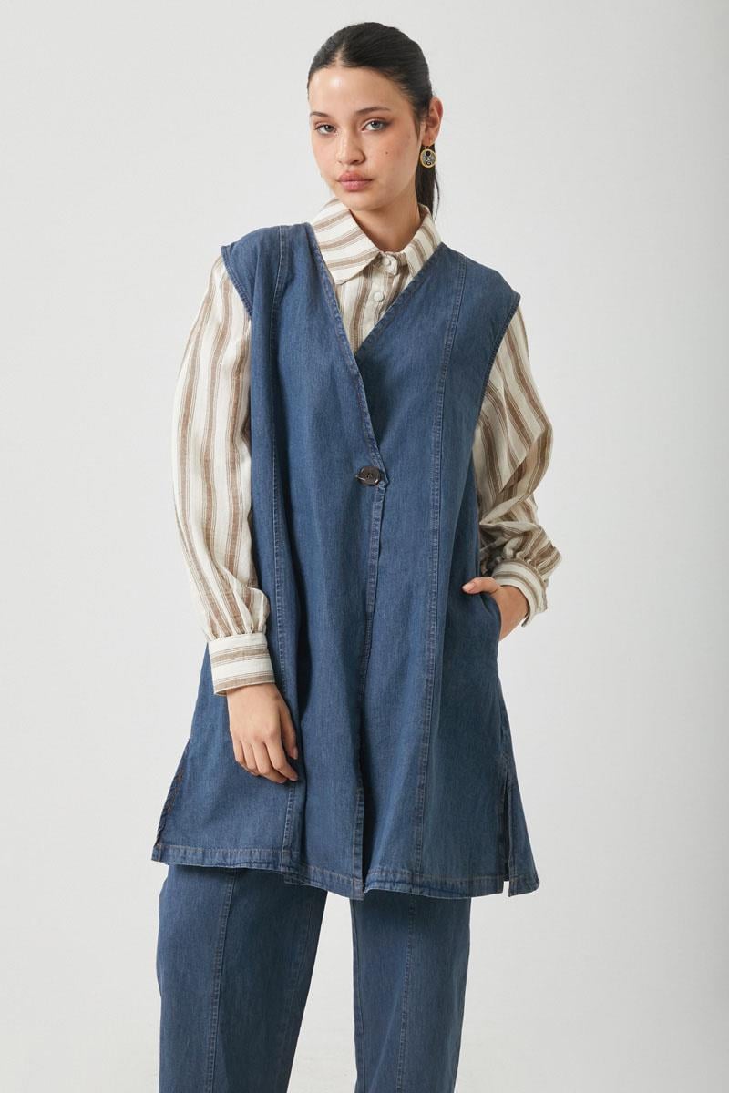 Yelekli Denim Takım Koyu Mavi