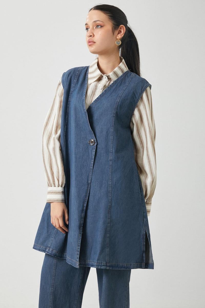 Yelekli Denim Takım Koyu Mavi