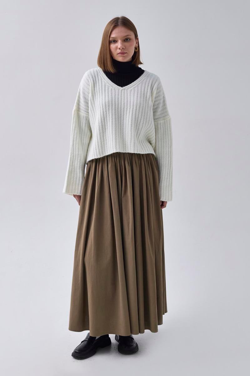 Yüksek Bel Pamuk Etek Kahverengi
