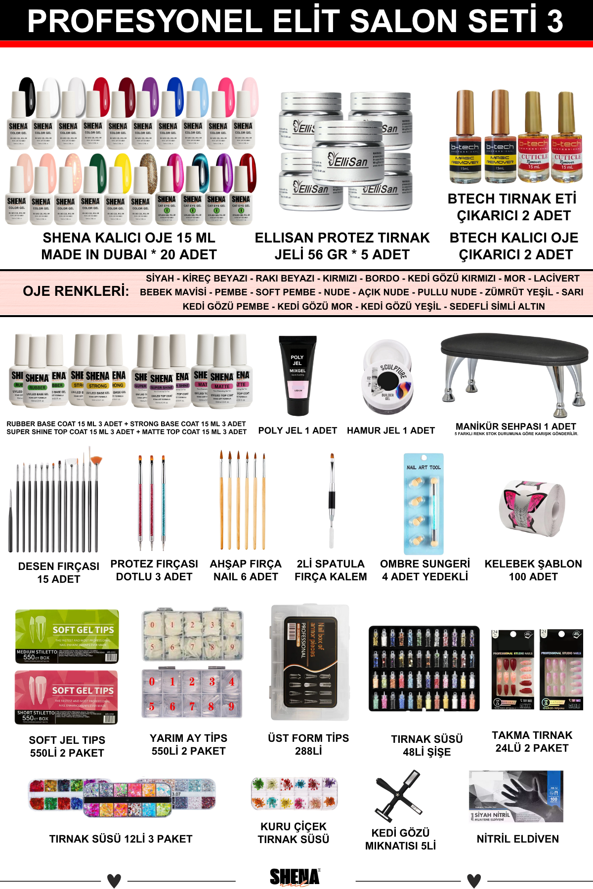 Kalıcı Oje - Protez Tırnak Elit Salon Seti 3 (Shena Dubai Oje - Ellisan Jel | Aksesuar)Shena