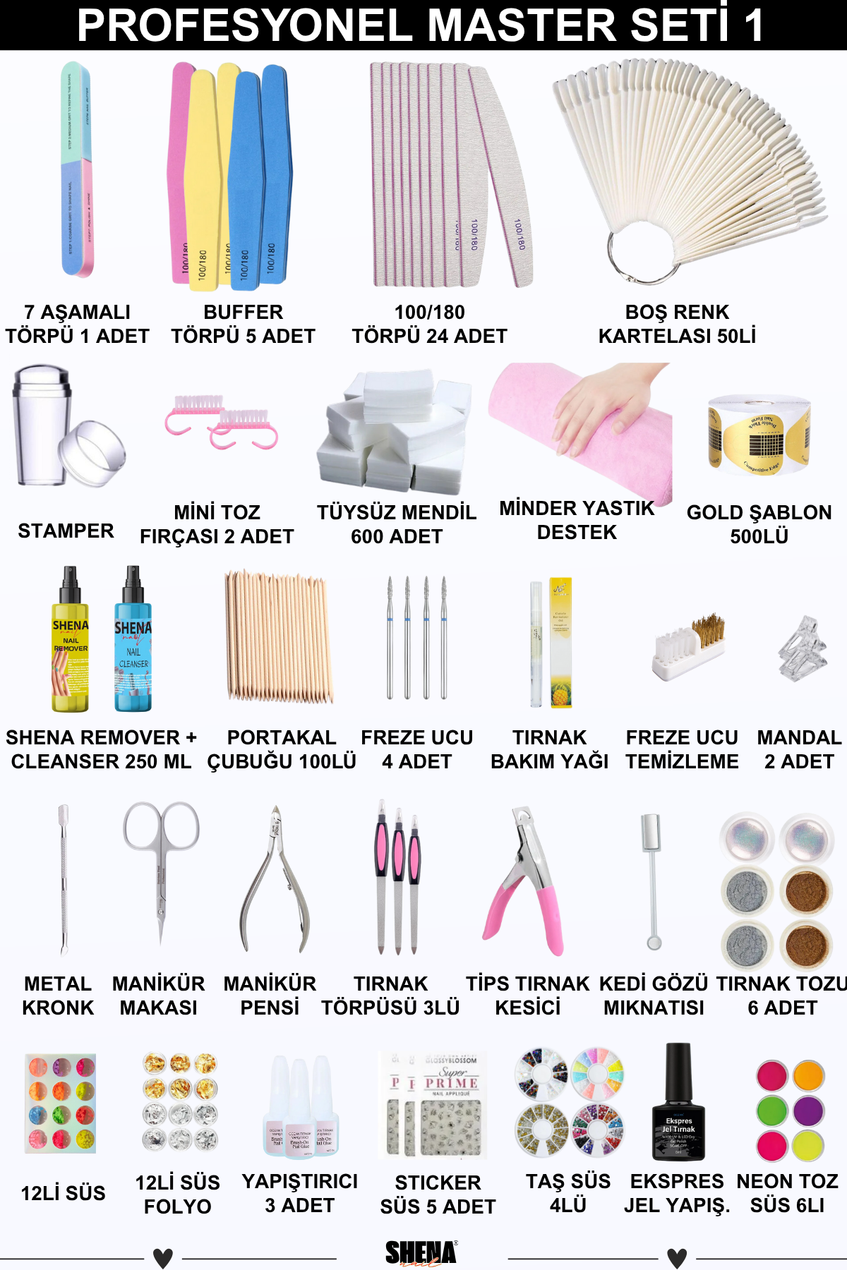 Kalıcı Oje - Protez Tırnak Elit Salon Seti 1 (Freze - UV - Toz Alma | Shena Dubai Oje - Ellisan Jel | Aksesuar)Shena