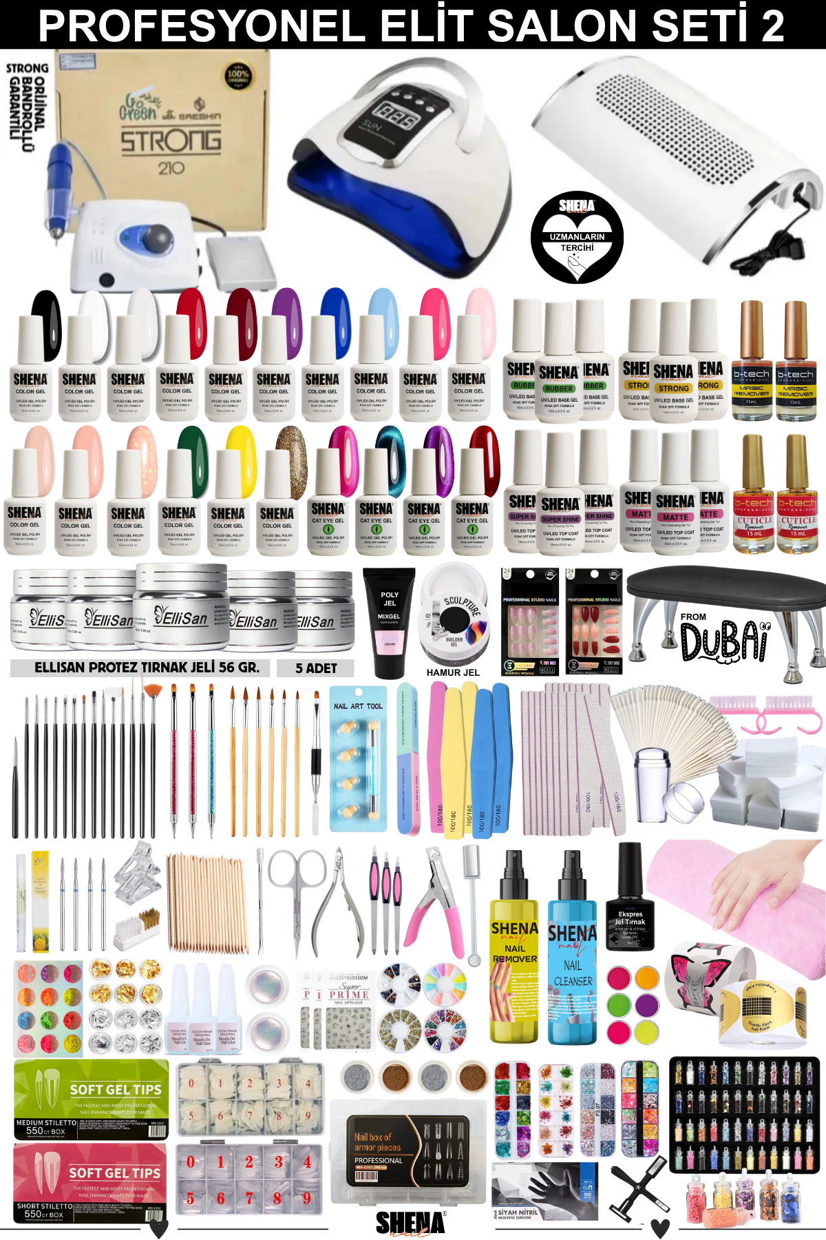 Kalıcı Oje - Protez Tırnak Elit Salon Seti 2 (Strong Freze - UV - Toz Alma | Shena Dubai Oje - Ellisan Jel | Aksesuar)Shena