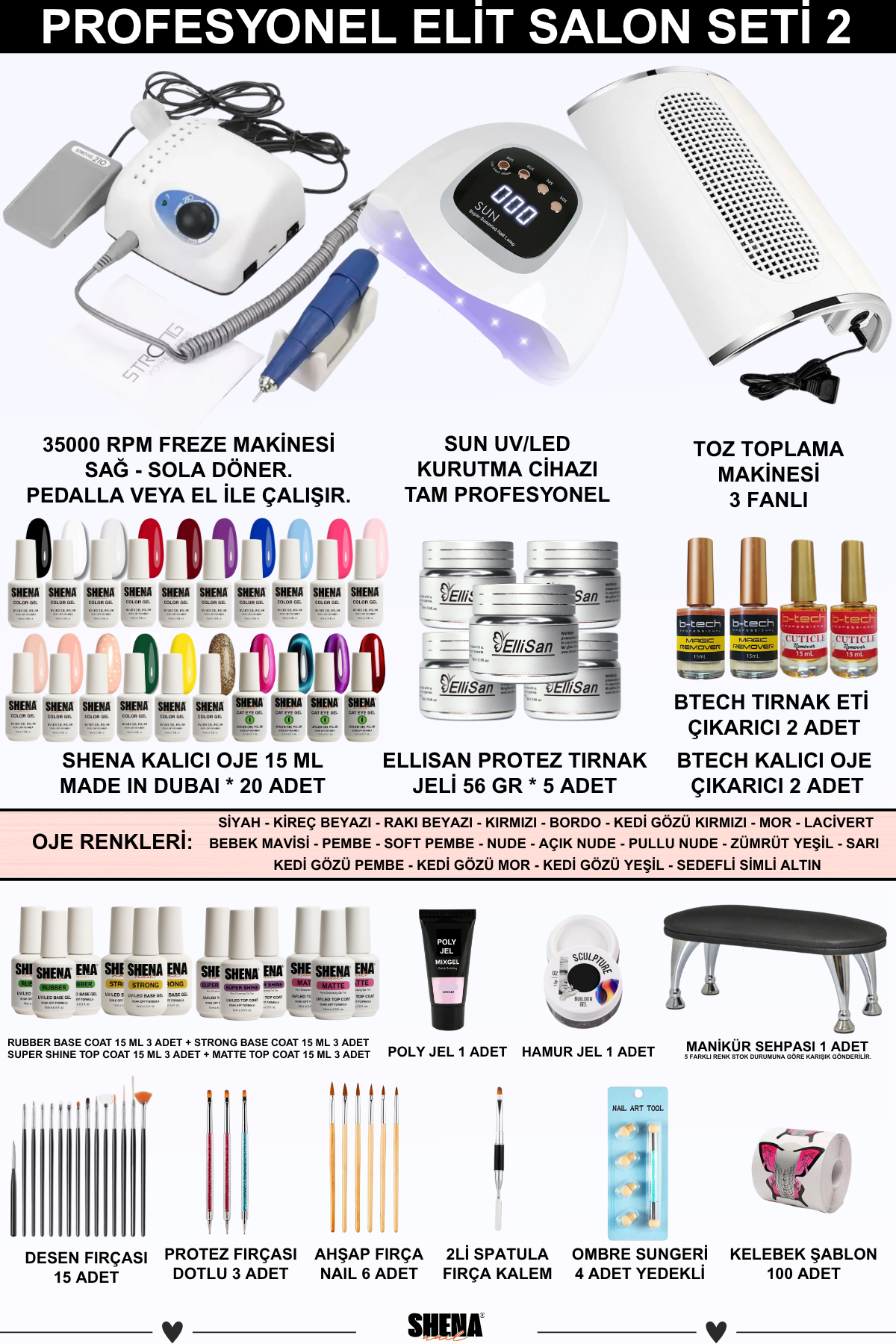 Kalıcı Oje - Protez Tırnak Elit Salon Seti 2 (Strong Freze - UV - Toz Alma | Shena Dubai Oje - Ellisan Jel | Aksesuar)Shena
