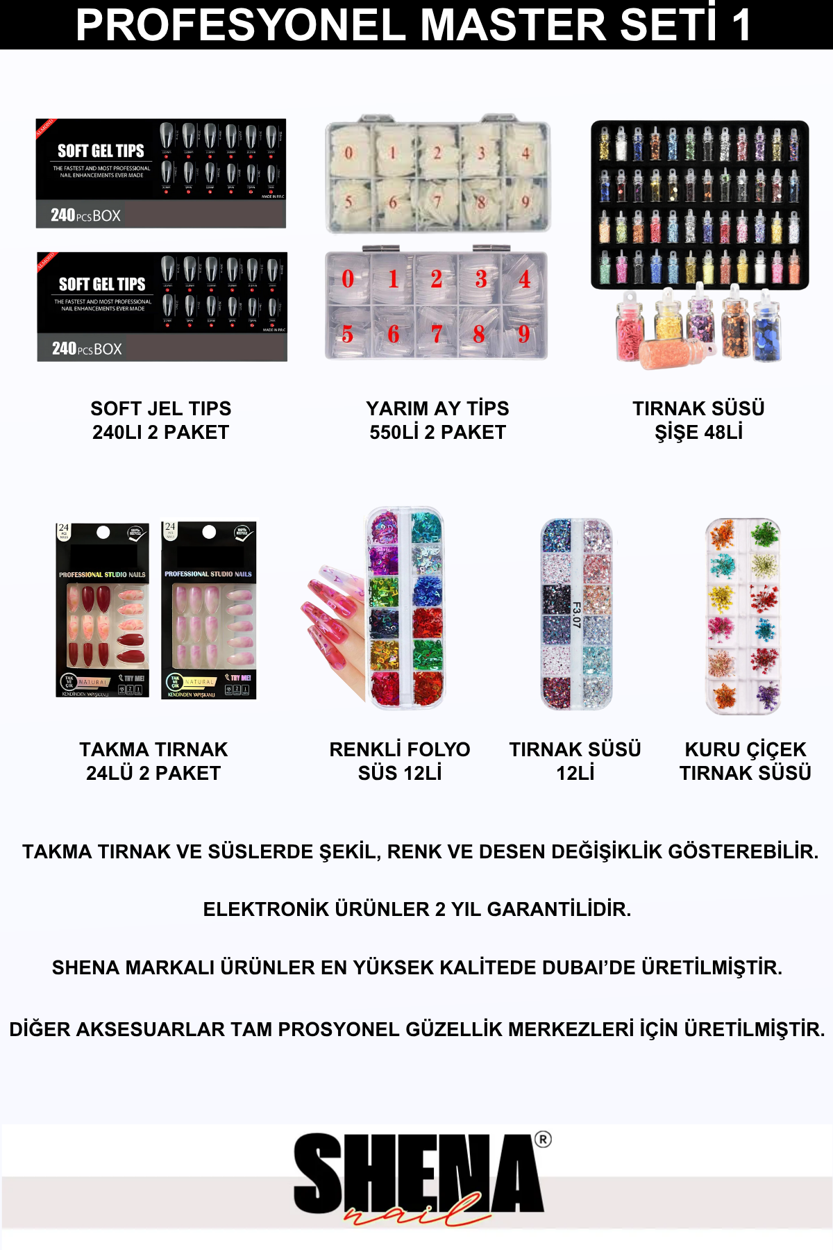 Kalıcı Oje - Protez Tırnak Master Seti 1 (Freze - UV - Toz Alma | Shena Dubai Oje - Ellisan Jel | Aksesuar)Shena