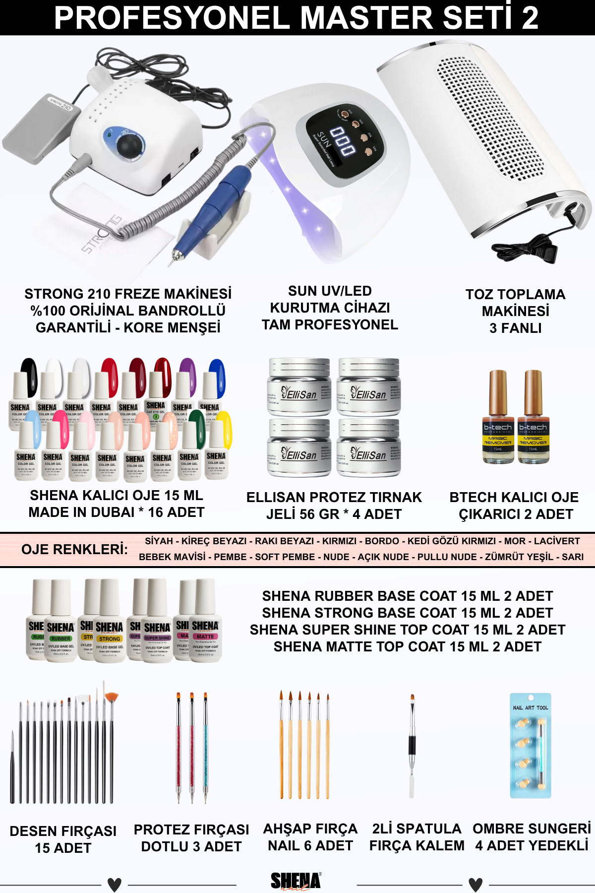 Kalıcı Oje - Protez Tırnak Master Seti 2 (Strong Freze - UV - Toz Alma | Shena Dubai Oje - Ellisan Jel | Aksesuar)Shena