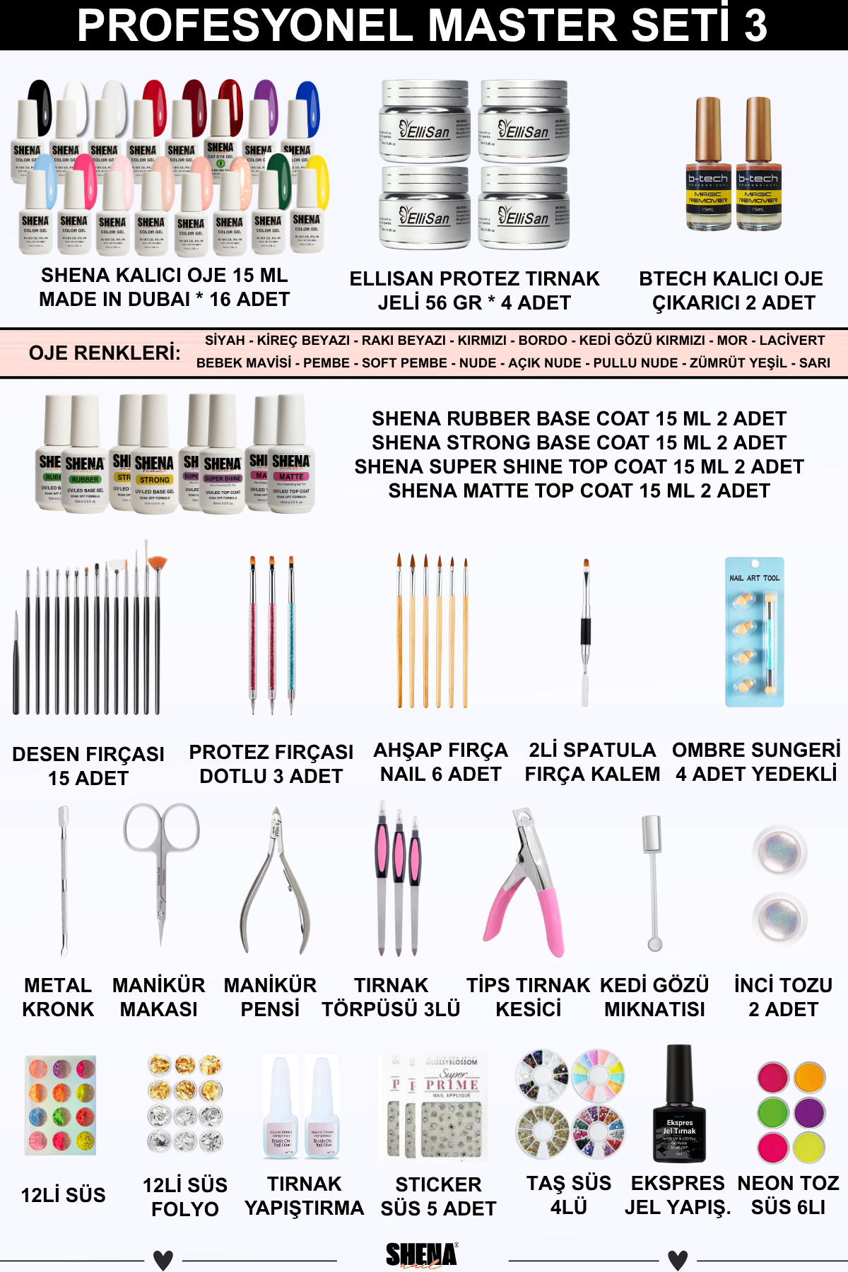 Kalıcı Oje - Protez Tırnak Master Seti 3 (Shena Dubai Oje - Ellisan Jel | Aksesuar)Shena