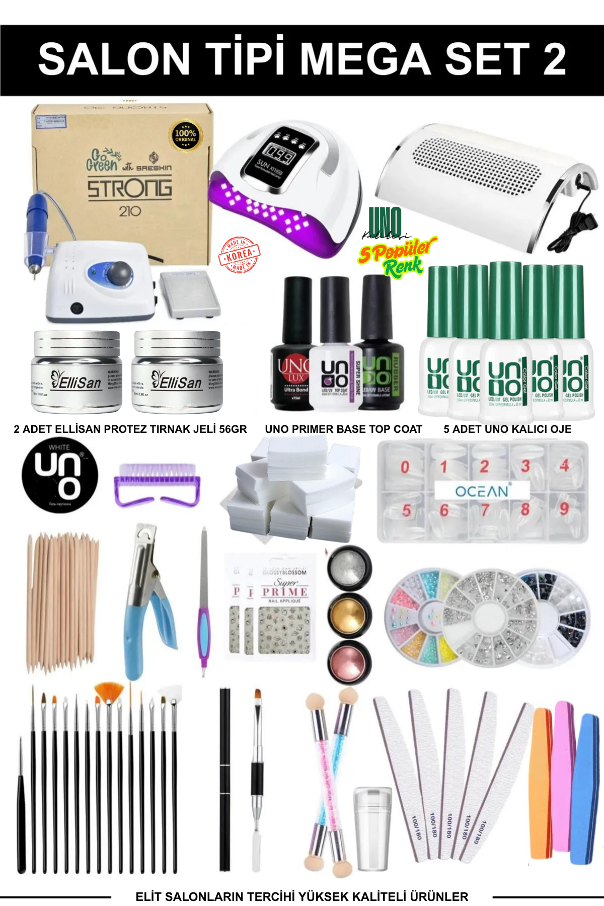 Kalıcı Oje - Protez Tırnak Seti Salon Mega Set:2 (Makine + Jel + Süs + Fırça Full Parça)Kocaman Kozmetik