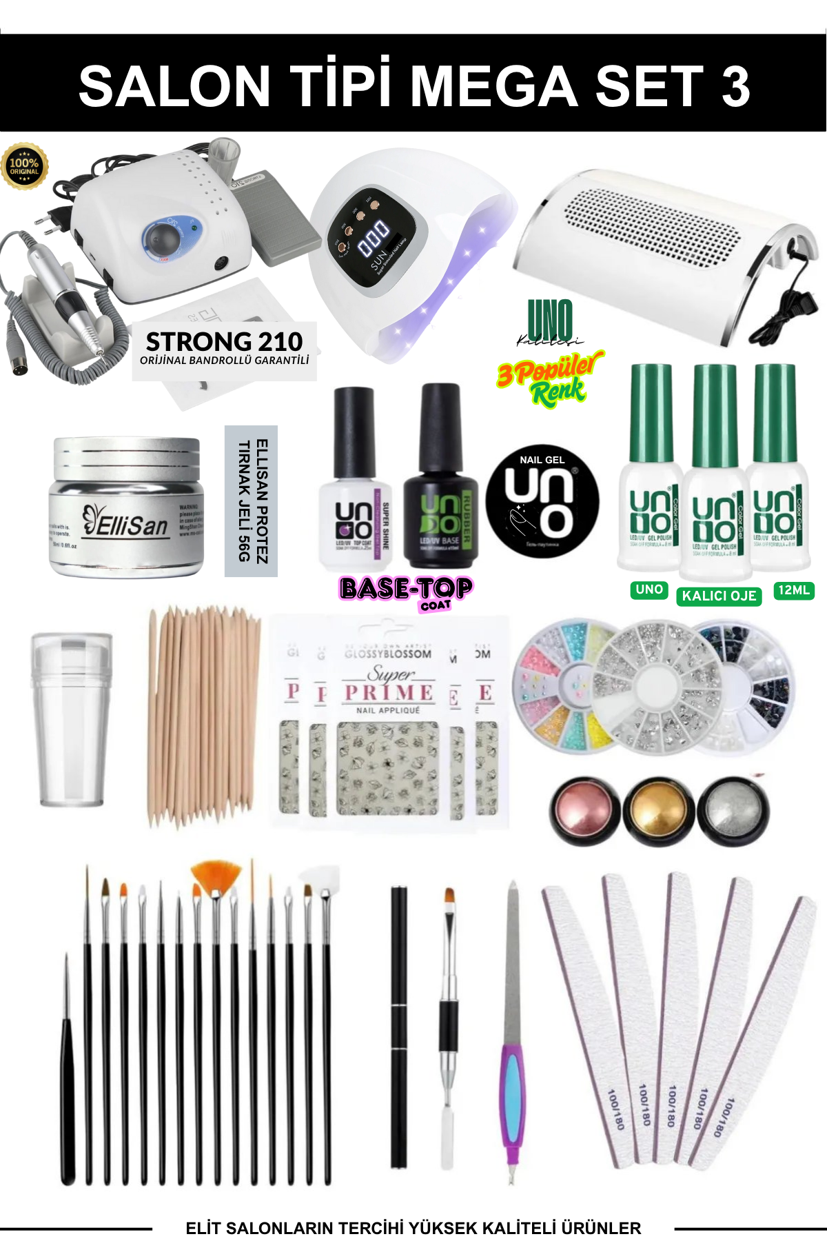 Kalıcı Oje - Protez Tırnak Seti Salon Mega Set:3 (Makine + Jel + Süs + Fırça Full Parça)Kocaman Kozmetik