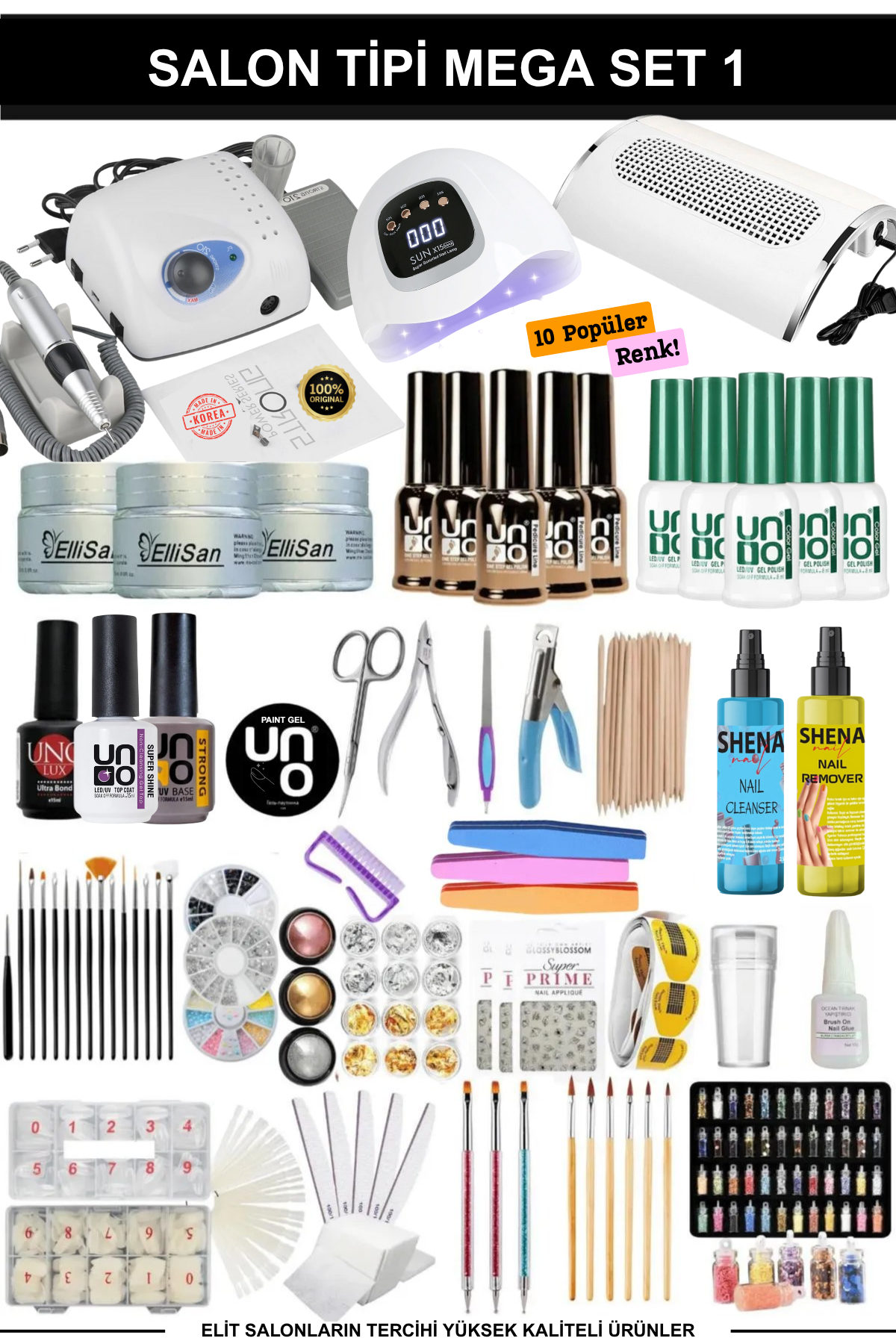 Kalıcı Oje - Protez Tırnak Seti Salon Mega Set:1 (Makine + Jel + Süs + Fırça Full Parça)Kocaman Kozmetik
