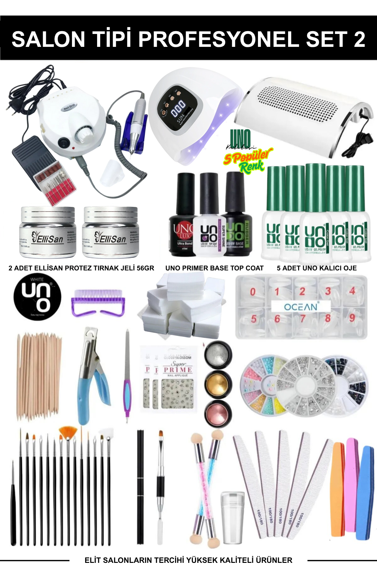 Kalıcı Oje - Protez Tırnak Seti Salon Set:2 (Makine + Jel + Süs + Fırça Full Parça)Kocaman Kozmetik