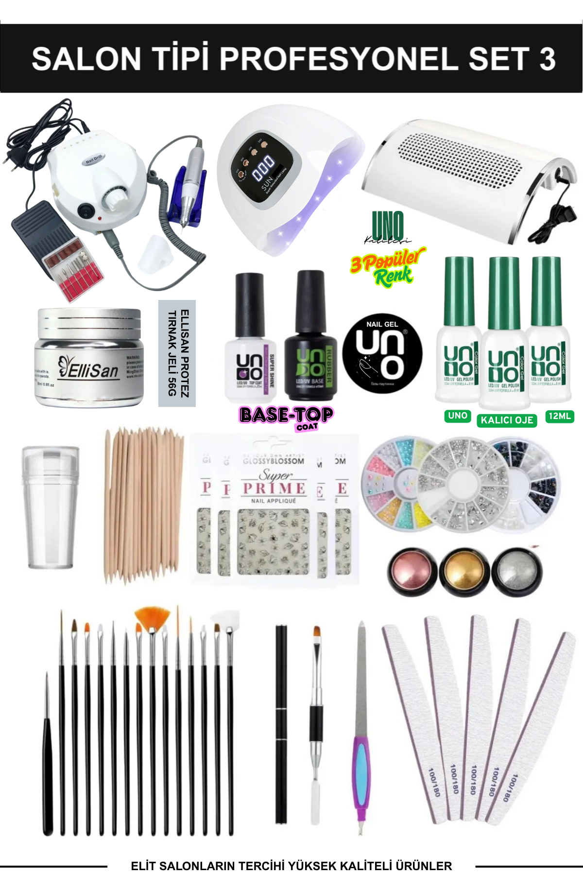 Kalıcı Oje - Protez Tırnak Seti Salon Set:3 (Makine + Jel + Süs + Fırça Full Parça)Kocaman Kozmetik