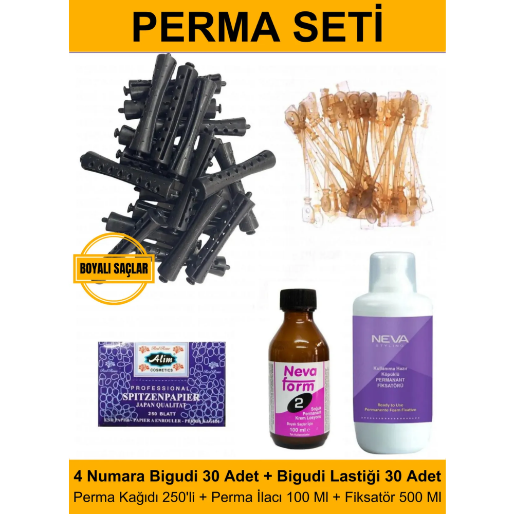 Perma Bigudi Tam Set No:4 Boyalı Saçlar (Bigudi + Lastik + Kağıt + İlaç + Fiksatör)Kocaman Kozmetik
