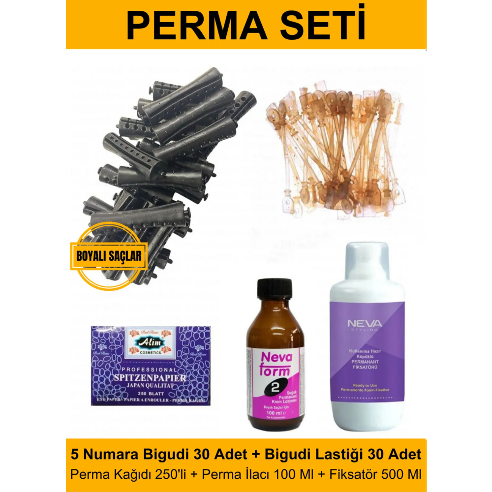 Perma Bigudi Tam Set No:5 Boyalı Saçlar (Bigudi + Lastik + Kağıt + İlaç + Fiksatör)Kocaman Kozmetik