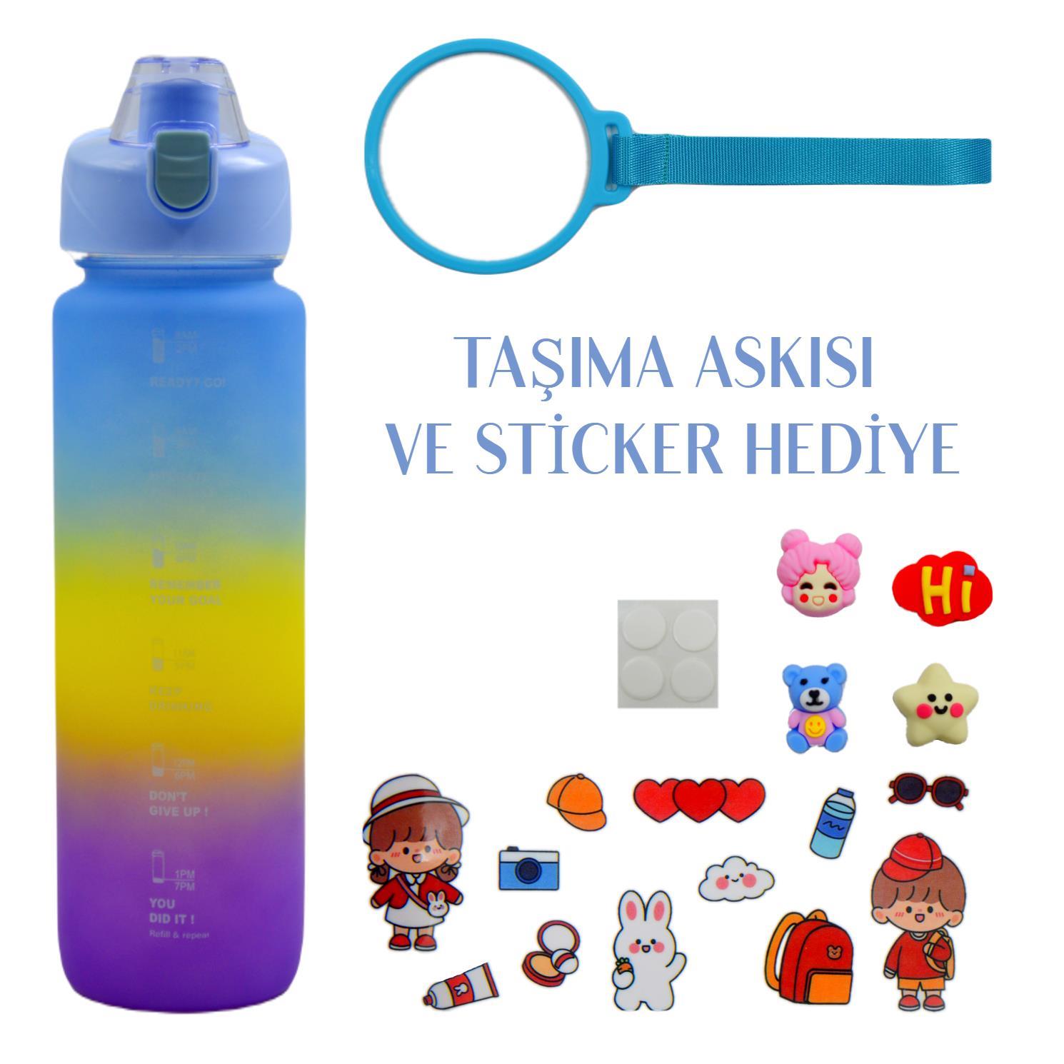 BottleBossBottleBoss Pastel Renk Geçişli Sızdırmaz Kapak Motivasyon Matarası 1100 Ml Sticker HEDİYELİ Mavi