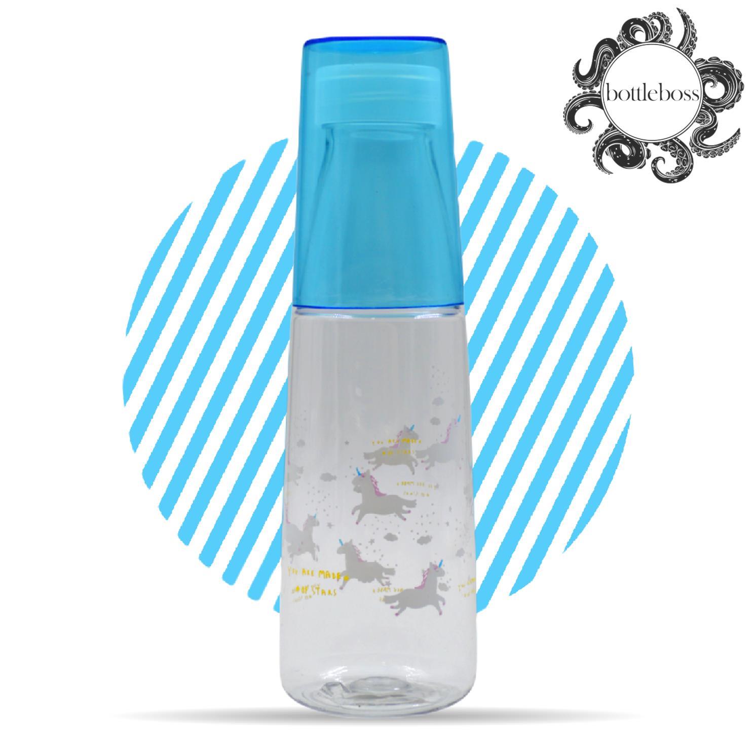 BottleBossBottleBoss Renkli Bardaklı Desenli Sızdırmaz Kapaklı Su Şişesi Matara 600 Ml Mavi