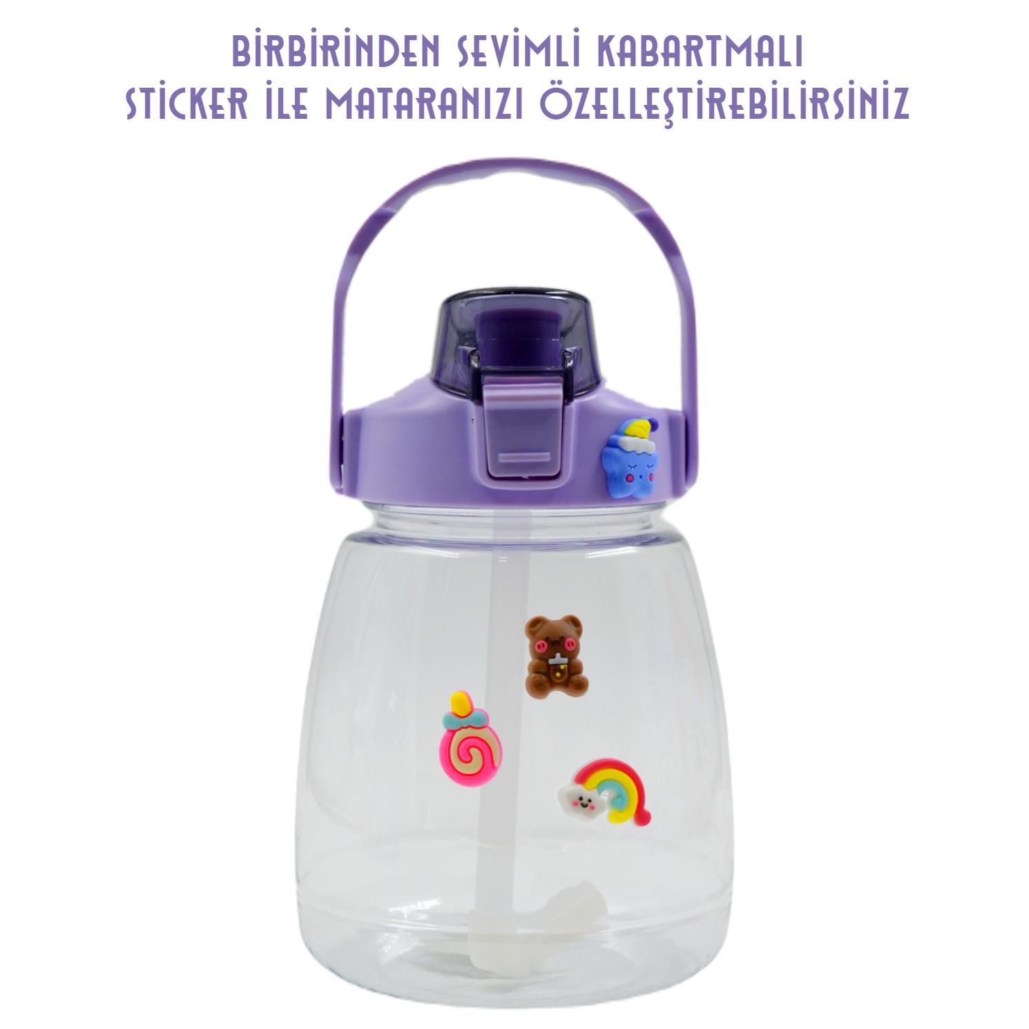 BottleBossBottleBoss Taşıma Askılı Pipetli Şeffaf Matara 1200 Ml Sticker HEDİYELİ Mor