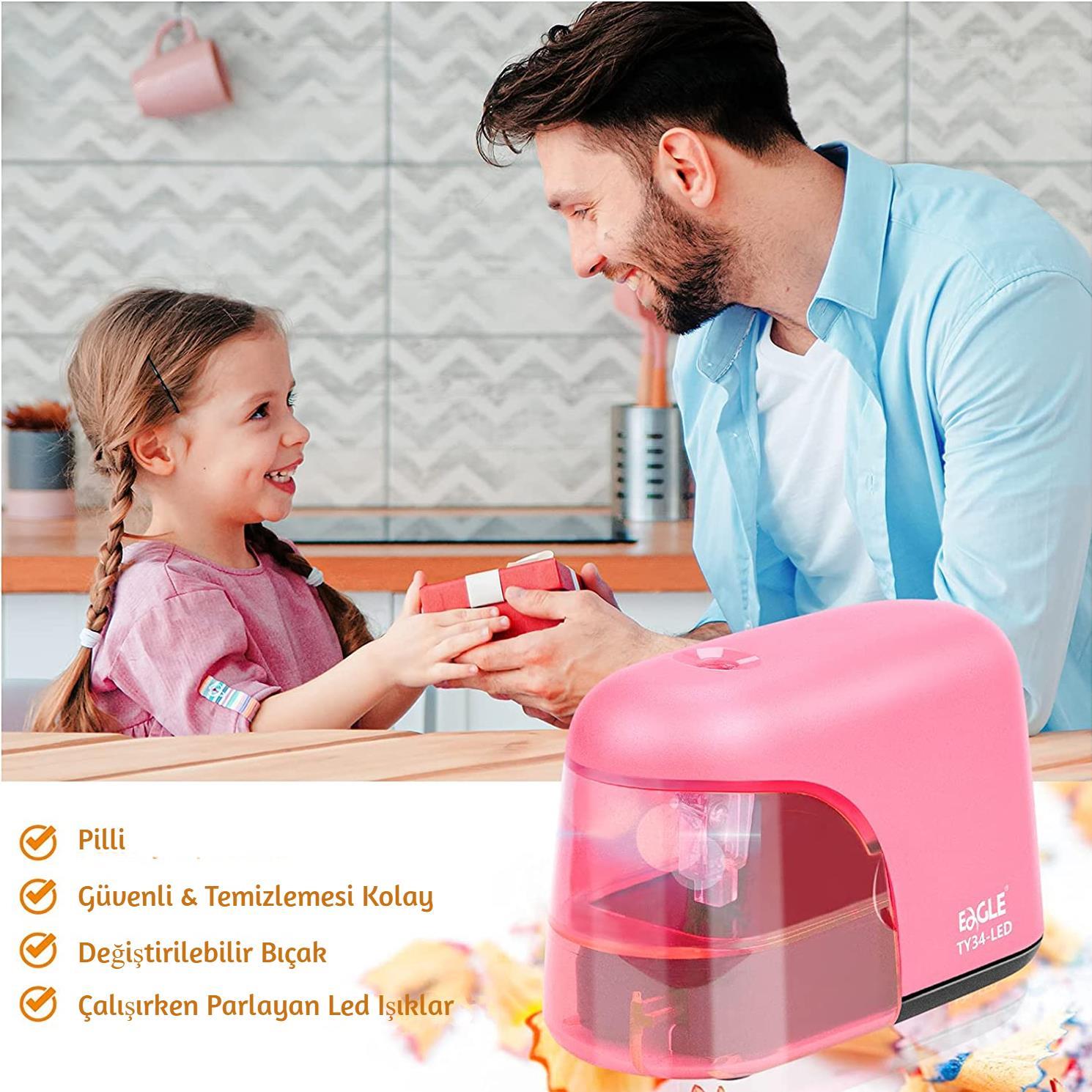 EagleEagle Led Işıklı Otomatik Kalemtıraş (TY34-LED) Pembe + AA Pil