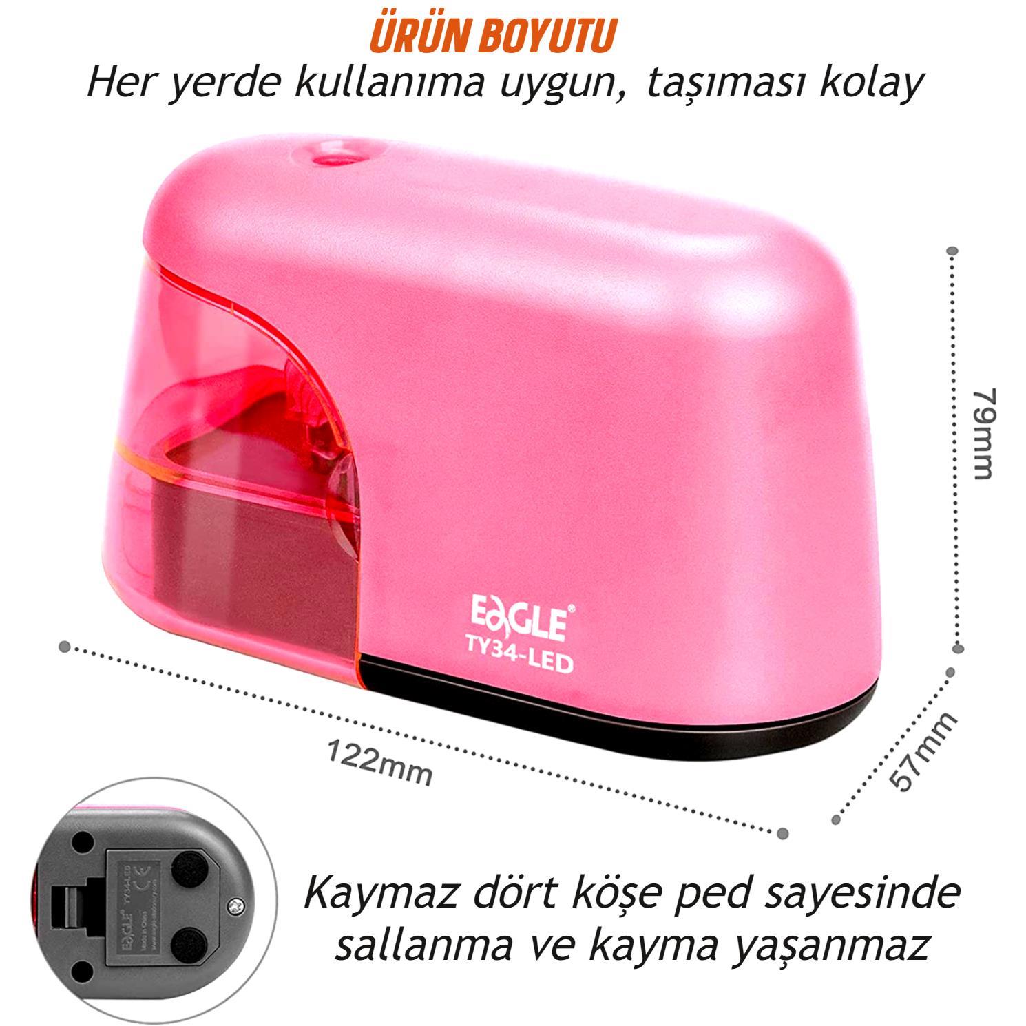EagleEagle Led Işıklı Otomatik Kalemtıraş (TY34-LED) Pembe + AA Pil