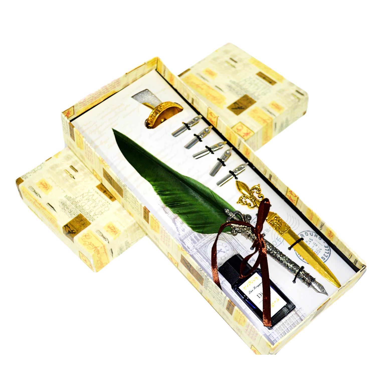 Gen-OfGen-Of Taçlı Orjinal Tüylü Divit - Kaligrafi Kalem Seti Hediyelik Özel Kutulu Haki Yeşil 712-14 